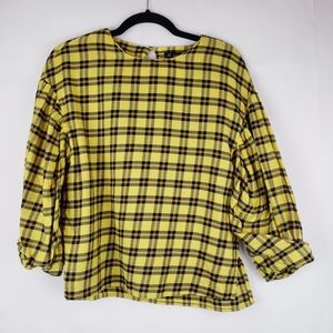 Zara Womens Plaid Blouse 3/4 Sleeve Cotton